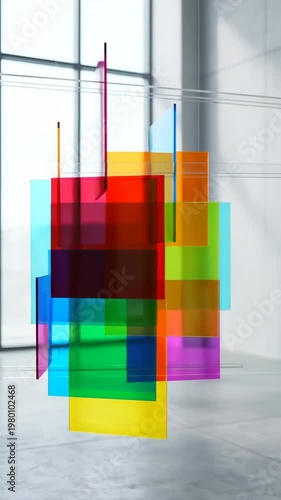 Colorful Transparent Geometric Abstract Glass Modern Art Installation Interior Light Reflection Featuring Vibrant Overlapping Square and Rectangle Panels, Minimal Contemporary Creative Design