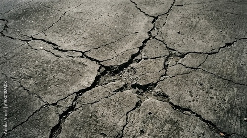 Fractured Ground: A stark, textured close-up of cracked concrete, revealing a complex network of fissures, lines, and patterns, symbolizing fragility and the passage of time.