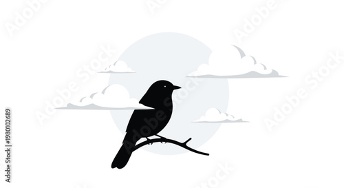 A solitary dark avian silhouette rests peacefully upon a slender wooden branch beneath a pale circular moon in a serene and minimalist night sky setting.