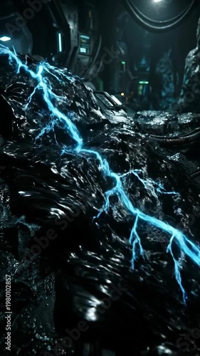 Futuristic Lightning Glowing Blue Energy Metallic Surface with Sci Fi Electric Current, High Tech Dramatic Lighting, Advanced Technology, Mysterious Power Surge, Laboratory, Black Liquid