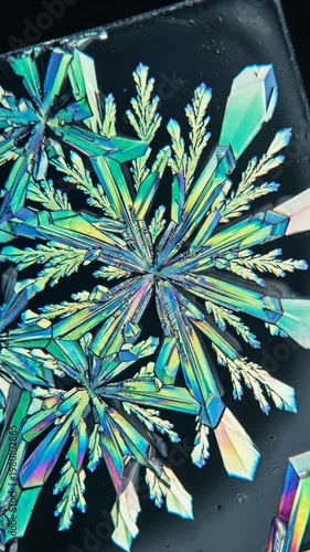 Colorful snowflake macro crystal winter ice abstract iridescent geometric detailed nature closeup frozen cold symmetrical delicate science pattern fractal seasonal unique natural sharp transparent