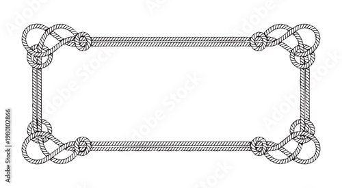 Nautical rope frame border with knots corners vector black line art illustration hand drawn isolated on white
