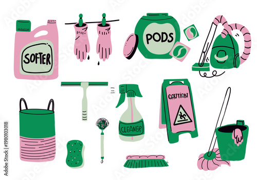 Set of Household Cleaning Supplies and Laundry Tools in Pink and Green Flat Vector Illustration.