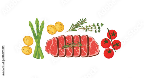 A fresh collection of sliced steak with asparagus and potatoes and rosemary and thyme and tomatoes is arranged beautifully on a clean white background.