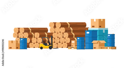 Industrial warehouse storage featuring stacked timber logs and blue chemical barrels arranged near a yellow forklift under clear bright studio lighting.