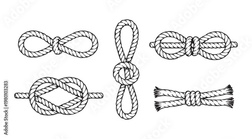Set nautical rope knots vector black line art illustration hand drawn different design isolated on white