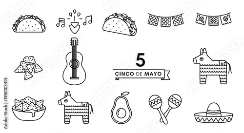 Vibrant collection of festive Mexican celebration line icons, depicting traditional food, musical instruments, and cultural decorations for holiday designs