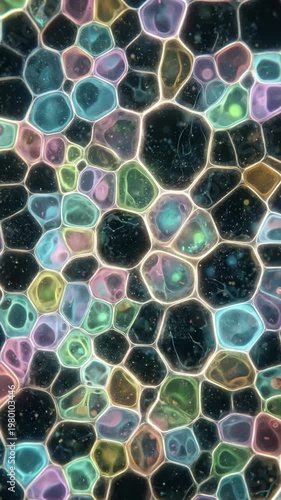Colorful cell structure abstract pattern with glowing outline, microscopic organic texture, and vibrant detail seamless scientific background featuring energetic mood and neon shapes