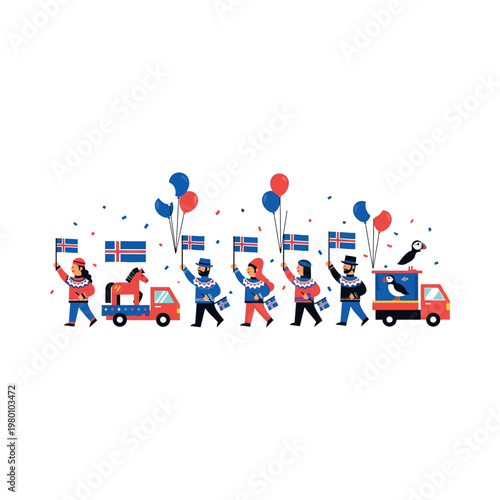 People celebrate with Icelandic flags and balloons on trucks and on foot outdoors.