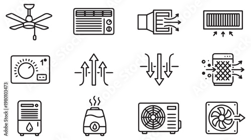 Set of flat design HVAC and cooling system icons for home and office climate control