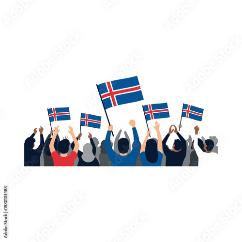 People celebrate with Icelandic flags in a festive outdoor event at night.