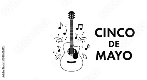 Cinco de Mayo line art emblem, Mexican holiday celebration badge with sombrero and maracas, minimalist black and white circular vector icon