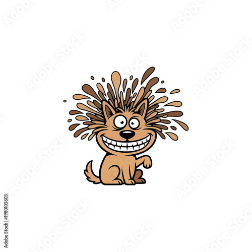 A cartoon dog sits with a wide smile and coffee splash on its head.