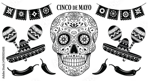 Cinco de Mayo festive sugar skull and maracas illustration with chili peppers and papel picado banners