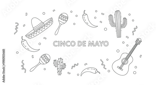 Cinco de Mayo illustration with traditional Mexican elements like maracas, sombrero, cactus, and guitar, celebrating Mexican heritage