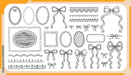 Large Collection of Hand Drawn Coquette Doodles Featuring Ribbon Bows, Lace Borders, Scalloped Frames and Vintage Frames Vector Illustration Set