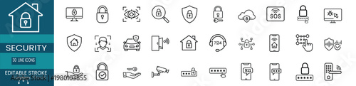 Security and cyber protection web line icons set featuring retina eye scan password recognition fingerprint unlock CCTV camera cloud safety and more Vector Illustration with editable stroke