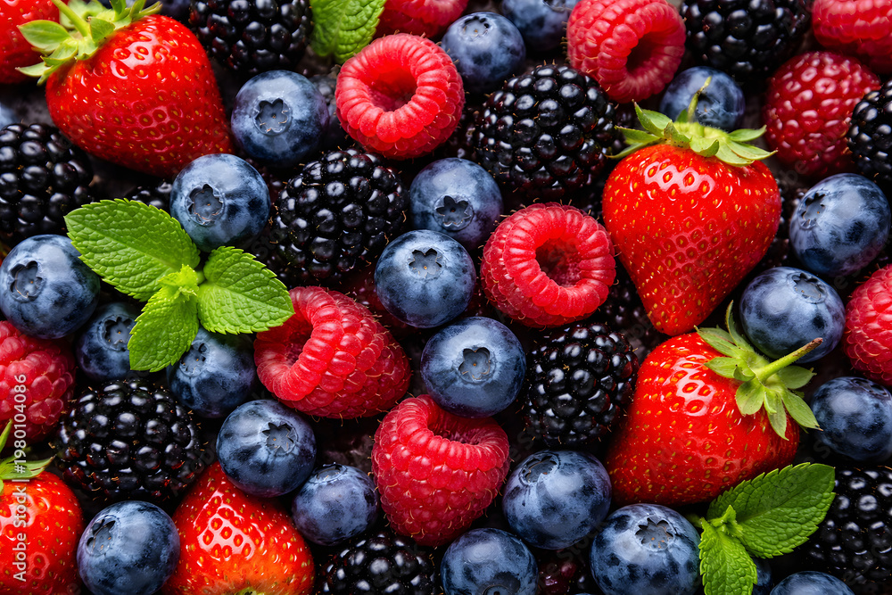 Obraz premium Fresh Mixed Berries Background with Strawberries, Blueberries and Raspberries