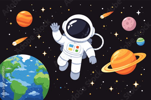 Cute cartoon astronaut in a white space suit waving while floating in outer space with Earth, Saturn, colorful planets, stars, and comets. Vibrant vector illustration for cosmic exploration.