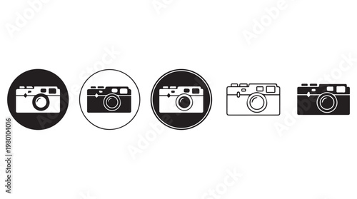 Set of five classic film cameras in flat design minimalist icons for photography and technology concepts