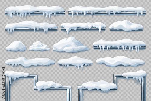 Realistic 3D Snow Caps and Icicles Collection on Silver Frames, Winter Snowdrifts and Piles Borders for Christmas Holiday Decoration, Isolated Vector Illustration of Frozen Elements for Design
