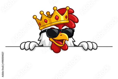 Cool cartoon rooster chicken mascot wearing a golden king crown and black sunglasses peeking over a white border edge. Fun cockerel bird character for logo or advertisement. Vector illustration.