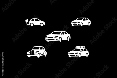 Set of five minimalist white car vector icons on black, including electric EV with plug, modern sedan, vintage classic automobile, and SUV with roof rack for transportation and travel design.