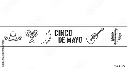 Cinco de Mayo Celebration Vector with Mexican  Cinco de Mayo  Day  celebrations, iconSymbols and Musical Instruments