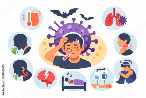 Educational Nipah Virus Symptoms Infographic Chart: Flat Vector Illustration of a Sick Man, Bats, and Medical Icons showing Fever, Cough, Vomiting, Encephalitis, Drowsiness, and Respiratory Distress.