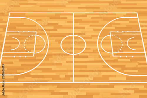 Angled top view of a professional basketball court background featuring a realistic wooden parquet floor texture and clean white line markings for a sports arena or gymnasium competition setting.