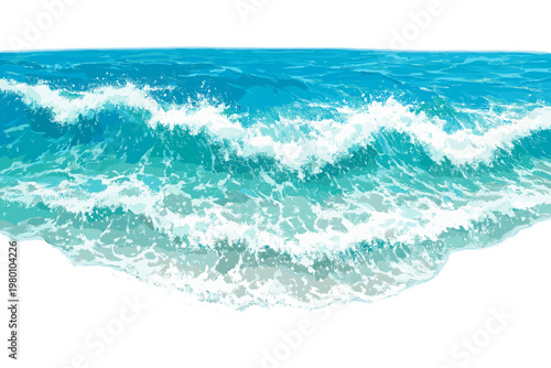 Bright realistic sea waves vector illustration featuring an aerial view of turquoise ocean water with splashing surf and white foam isolated on a white background for summer design projects.