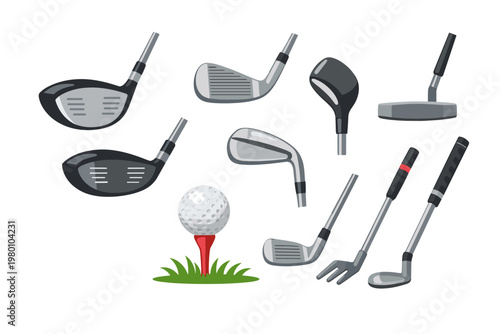 Comprehensive collection of golf equipment featuring various clubs like drivers, irons, and putters, plus a golf ball on a red tee in grass, isolated vector illustration for sports designs.