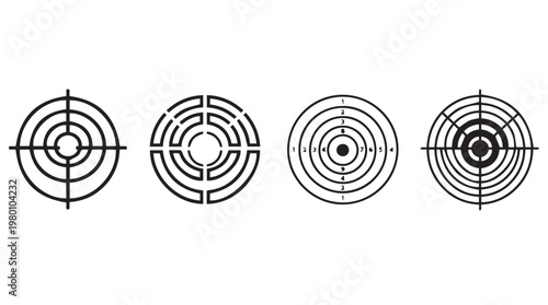 four black and white concentric target circles on clean Transparent Background for precision and accuracy concept
