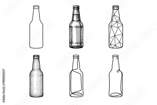 Collection of six beer bottle illustrations in various line art styles including simple outline, hand-drawn cross-hatch, geometric polygonal, stippled dot work, and continuous line art vectors.