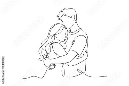 Unbroken Contour Sketch of an Amorous Pair Locked in a Tender Squeeze. Stark Minimalist Pen Rendering of Intimacy and Devotion, Ideal for Sentimental Occasions and Matrimonial Themes.