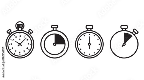 Set of four minimalist analog and digital clock icons for time management and productivity design