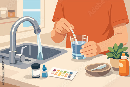 Person testing tap water quality at home kitchen sink using a pH test strip and color chart for safety and purity check. Flat vector illustration of domestic water analysis and health monitoring.