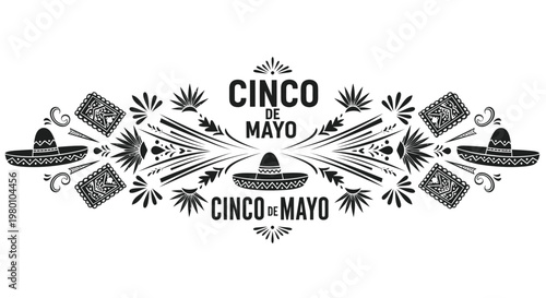 Cinco de Mayo decorative banner vector, black and white Mexican holiday ornament with sombreros and agave, festive folk art border design