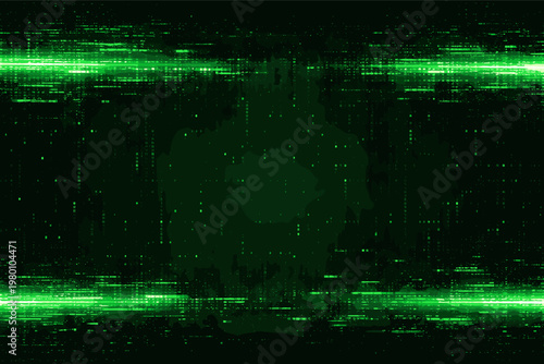 Green Glitch Background with Matrix Screen Effect for Overlay. Pixel Noise HUD Game Graphic with Cyber Theme, Digital Data Stream, Binary Code Distortion, and Glowing Futuristic Light Streaks.