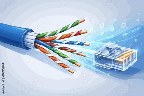 High-Speed Ethernet Network Cable Illustration with Stripped Twisted Pair Copper Wires and Transparent RJ45 Connector Head Representing Fast Data Transmission and Digital Connectivity Concept