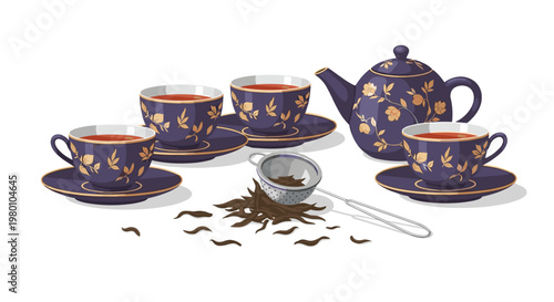 Sophisticated dark blue tea set with gold floral patterns featuring a teapot four cups loose tea leaves and a metal tea strainer on a white background.