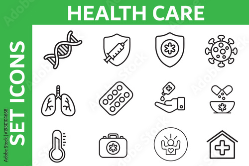 medical and healthcare icons set, hospital and medicine line icons, health care symbols vector pack, covid virus icons, vaccination and pharmacy icons, clinical and wellness outline icons collection