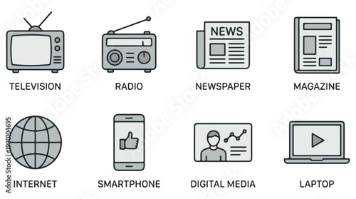 Flat design media and communication icons set with television, radio, newspaper, magazine, internet, smartphone, digital media, and laptop