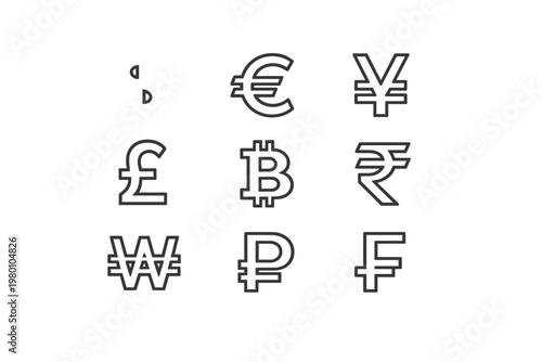 Set of World Currency Symbols Outline Icons with Editable Stroke Including Dollar Euro Yen Pound Bitcoin Rupee Won Ruble and Franc for Finance Banking Investment and Global Economy Design