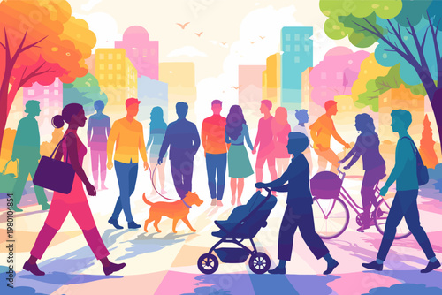 Colorful flat vector illustration of diverse people silhouettes walking on a busy city street with a cyclist, a person pushing a stroller, and a dog walker in a vibrant urban park landscape.