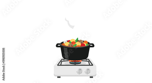 Vibrant vegetable stew simmers in a dark heavy pot on a clean white gas stove with rising wisps of steam under bright studio lighting and neutral tones.