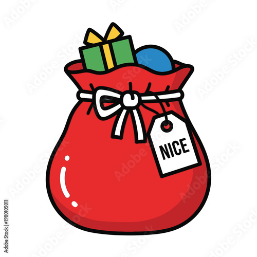 The Santa sack contains holiday presents and a tag that reads Nice to celebrate the festive season during the winter holidays of the calendar.