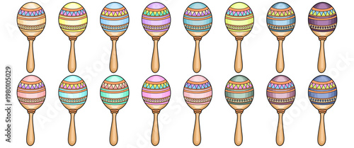 Set of colorful maracas collection, flat vector icons with decorative patterns, perfect for Cinco de Mayo and Latin festival assets