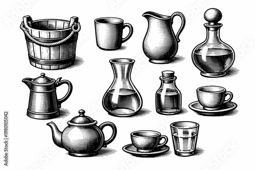 Vintage engraving style collection of liquid containers featuring a wooden bucket, ceramic pitchers, glass carafes, teapots, coffee mugs, and tea cups for rustic kitchen and household decor.