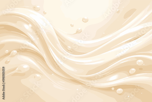 Abstract Luxury Creamy Liquid Background with Smooth Waves and Droplets, Elegant Vanilla Silk Texture for Cosmetic Skincare Packaging, Soft Beige Gradient Flowing Milk Swirl Vector Illustration